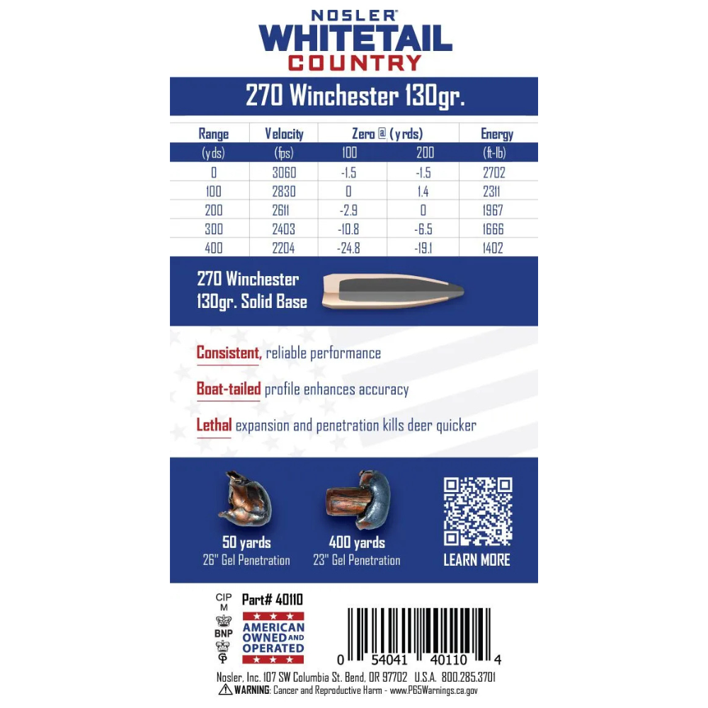 Nosler | Whitetail Country | 270 Winchester 130gr Solid Base | 20Pack