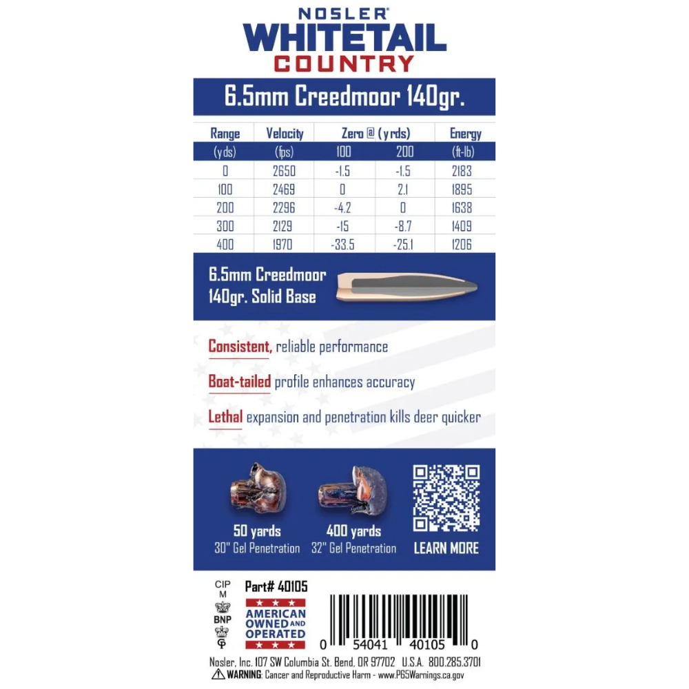 Nosler | Whitetail Country | 6.5 Creedmoor 140gr Solid Base | 20Pack