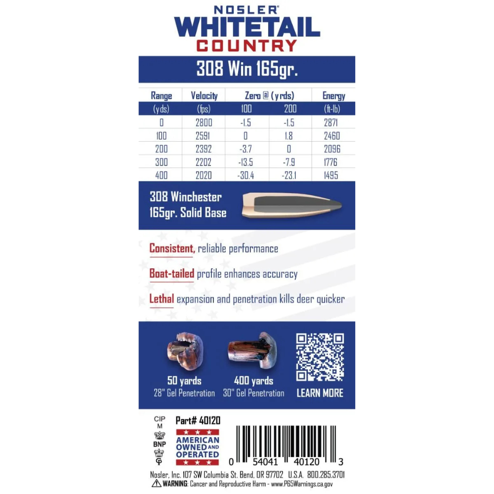 Nosler | Whitetail Country | 308 Winchester 165gr Solid Base | 20Pack