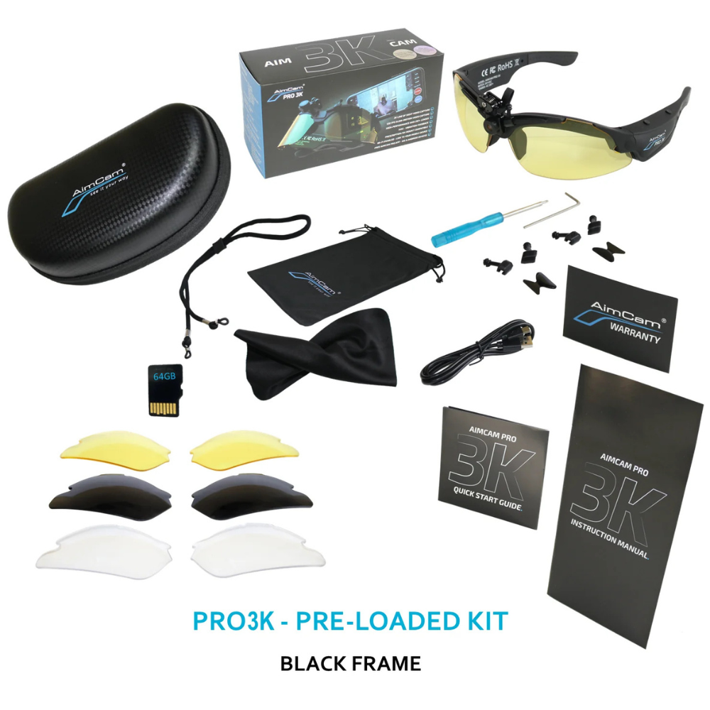 Aimcam Pro 3K wraparound sunglasses in a black frame with yellow lenses, shown with a black hard case, carrying pouch, instruction manual, quick start guide, lens filters, and accessories on a white background.