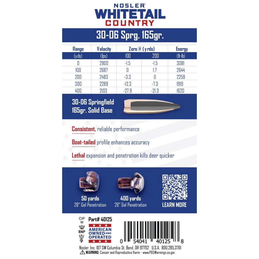 Nosler | Whitetail Country | 30-06 Springfield 165gr Solid Base | 20Pack