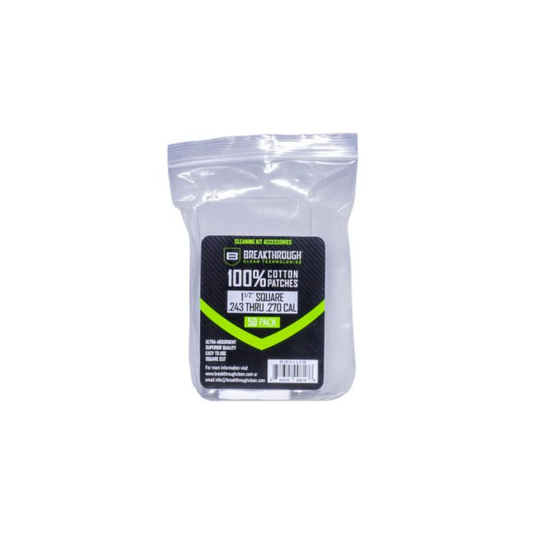 Breakthrough Clean Technologies | Cotton Patches, 1.5" Square | 243 Thru 270 Caliber | 50Pack