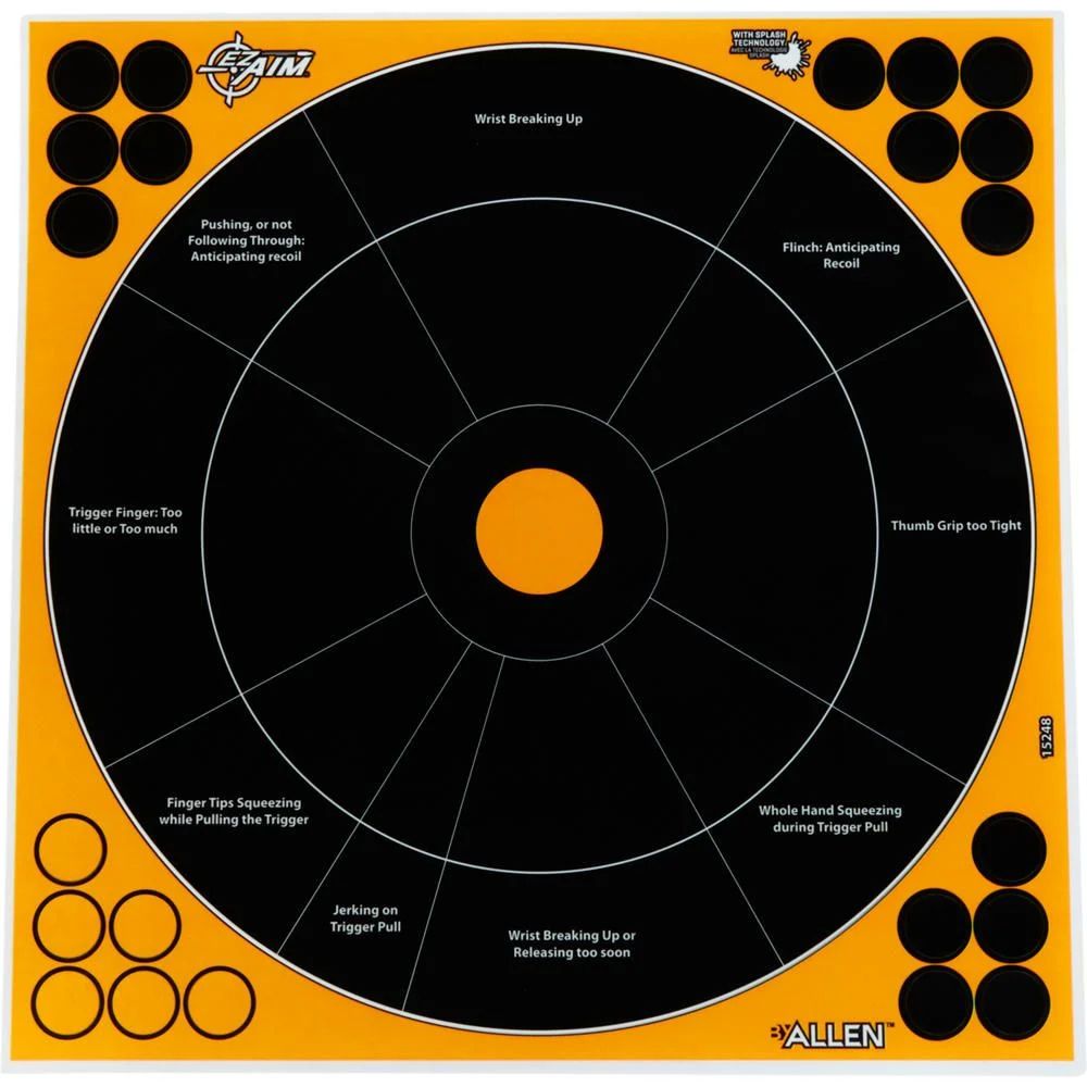 Allen | EZ Aim Adhesive Splash Reactive Paper Targets | Handgun Trainer | 12"Wx12"H | 5pk | Black/Orange
